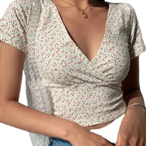 Summer French retro floral V-neck short-sleeved T-shirt Slim slimming wild high waist T-shirt women's top