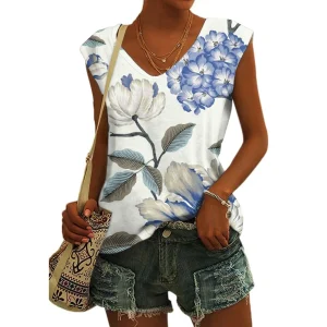 Women's Basic T-shirts Blue Flower Printed Breathable V Neck Cap Sleeves Tank Tops Vintage Summer Beach Loose Fit Tees Tops