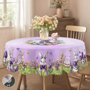 1 Easter Round Tablecloth, 5 Sizes Available, Light Purple Easter Bunny Egg Basket Printed Tablecloth, Edge Embossing Process, Easter Spring Garden Tablecloth Decoration, Tablecloth for Daily Home Kitchen, Terrace, Easter Decoration, Spring Decoration
