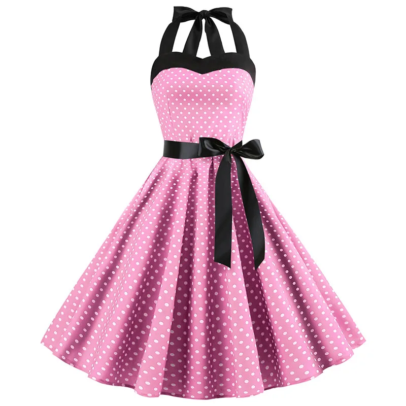 Women Polka Dot Print Summer Dress Sexy Retro White Halter Vintage Dress Robe Femme Pin Up Rockabilly Party Dress - الصورة 10