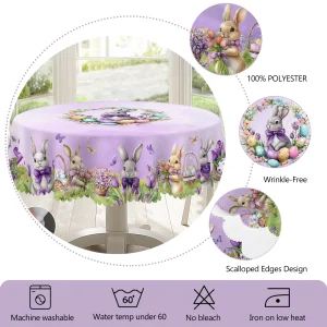 1 Easter Round Tablecloth, 5 Sizes Available, Light Purple Easter Bunny Egg Basket Printed Tablecloth, Edge Embossing Process, Easter Spring Garden Tablecloth Decoration, Tablecloth for Daily Home Kitchen, Terrace, Easter Decoration, Spring Decoration
