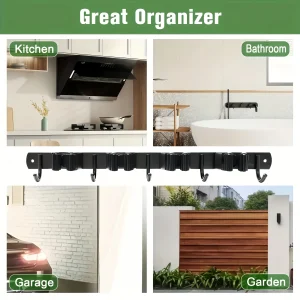 1 Heavy-Duty Metal Tool Rack with 4 Slots and 5 Hooks - Wall-Mounted Storage for Garden Tools, Brooms, Mops, and Garage Equipment, Tool Rack Storage, Black