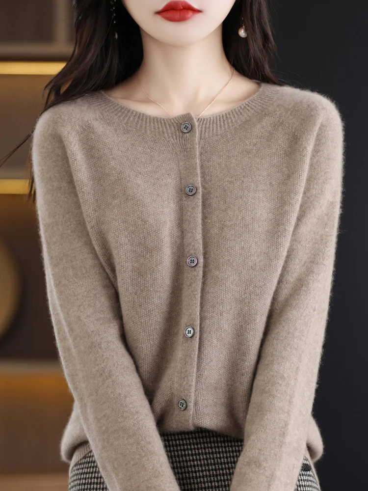 2024 New Chic Women's Basic O-neck Cardigan 100% Merino Wool Sweater Soft Grace Knitwear CoatSpring Autumn Female Clothes Tops - الصورة 15