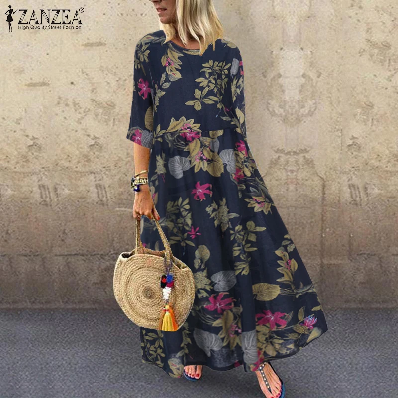 Women's Summer Short Sleeve Sundress ZANZEA Woman Floral Printed Dress Bohemian Elegant Casual Oversized Holiday Long Dresses - الصورة 3