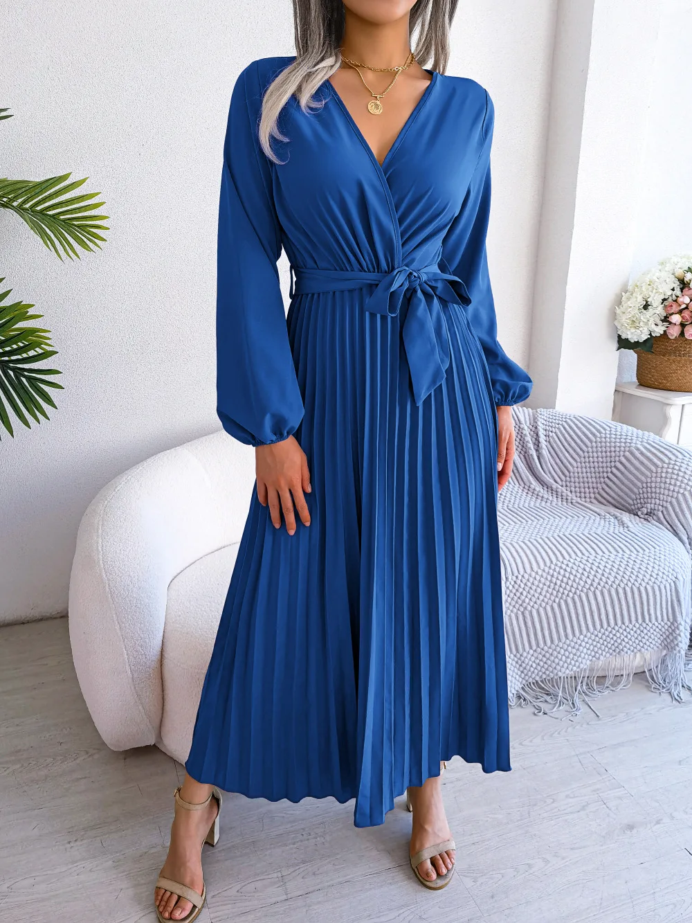 Women Elegant V Neck Long Sleeve Pleated Maxi Dress - Image 7
