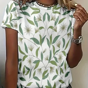 Women's Tee - Green Leaf & Floral Pattern Graphic, Minimalist Nature Botanical Design for Casual Daily Wear