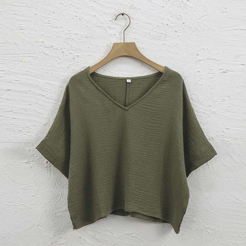 Muslin 100% Cotton Short Sleeve Tee Sexy V-Neck Oversized T-Shirt Streetwear Top Shirts And Blouse Lady Pulovers Camisetas - الصورة 9