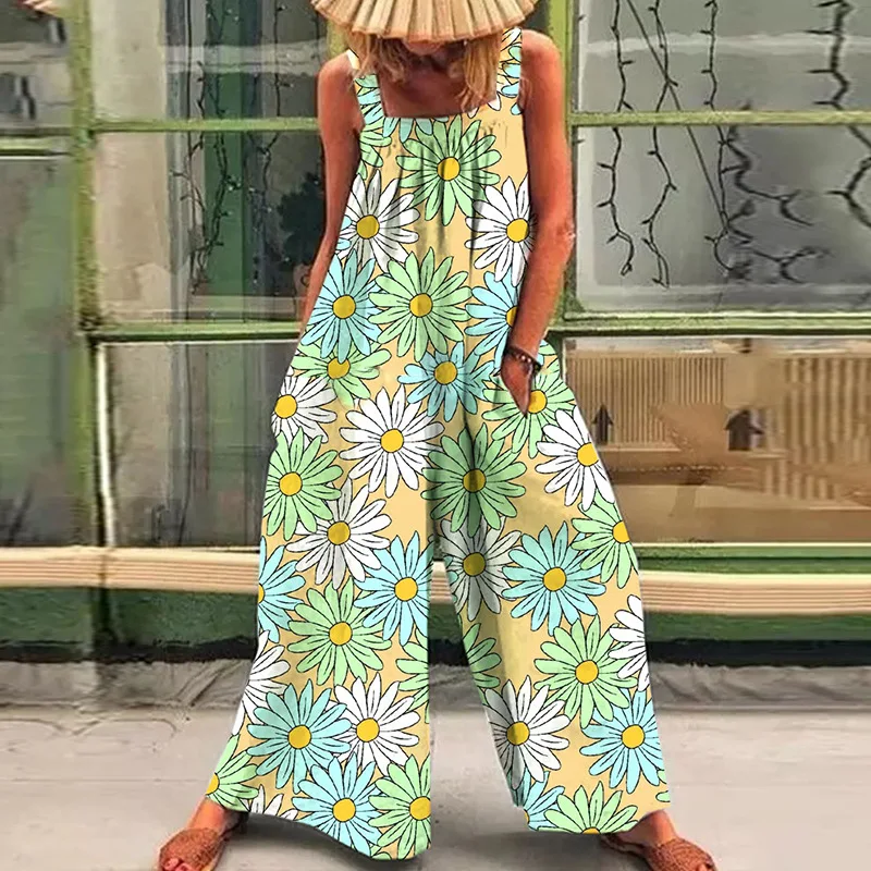Loose casual lazy wind oversize print suspenders one-piece pants 2024 summer new straps broad leg one-piece pants woman - Image 7