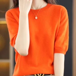New Short-sleeved Knitwear Women O-neck T-shirt Wool Cotton Blend Pullover Vest Sprig Summer Bottoming Tops Sweater Solid Soft