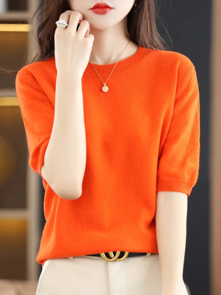 New Short-sleeved Knitwear Women O-neck T-shirt Wool Cotton Blend Pullover Vest Sprig Summer Bottoming Tops Sweater Solid Soft - Image 15