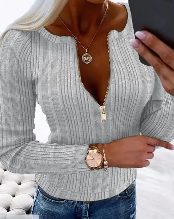 Women's Zip-Up Long Sleeve Blouse - Chic Zipper Front, Semi-Sheer Elegant Tops for Casual Formal Outfits, Easy-Care Machine Wash - Image 3