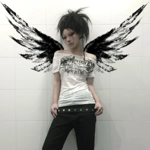 Karrcat Grunge Aesthetics Tattoo Print T-shirt Trashy 2000s Style Letter T Shirt Japanese Y2k White Sheer Tops Gothic Vintage