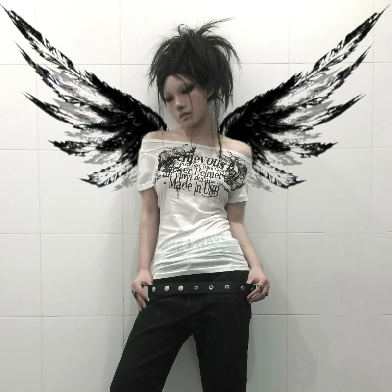 Karrcat Grunge Aesthetics Tattoo Print T-shirt Trashy 2000s Style Letter T Shirt Japanese Y2k White Sheer Tops Gothic Vintage - الصورة 5