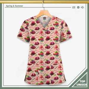 Surgical Uniform Printing Holiday Beautiful Shirt V-neck Style Pocket Design Blouse Surgical Top Woman Men Nurse Medical Uniform