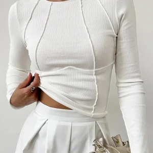 T-shirt Spring/Summer Women's Slim Fit Casual Round Neck Basic Pullover Chest Shape Stitching Long Sleeve Sports Dopamine Shirt