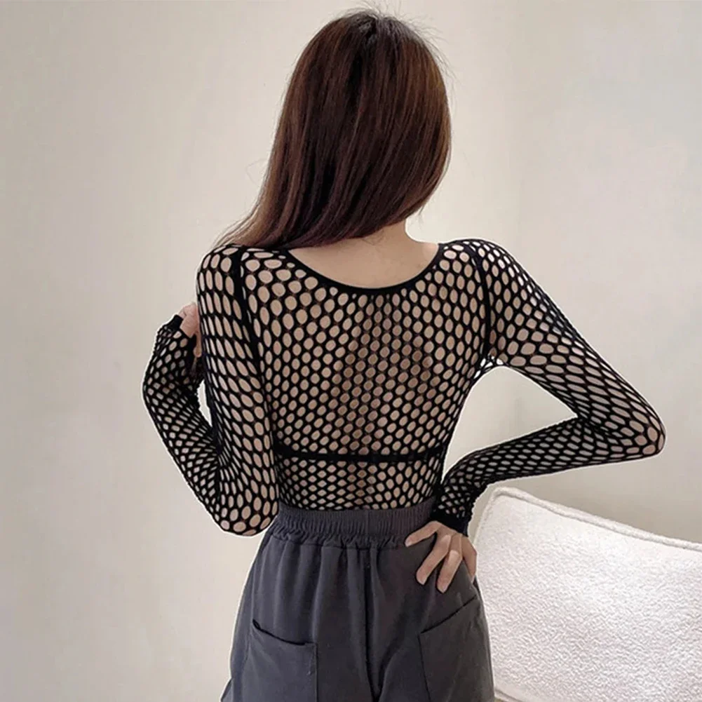 Womens Sexy Mesh Long Sleeve Fishnets Tops Fun Fashion Slim Fit Tops Hollow Out See Through Loose Female T-shirts Crop soft Top - الصورة 2