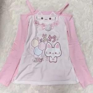 Sweet Japanese T-shirts Women's Clothing Pink Butterfly Patchwork Lace Slash Neck Tees Anime Print Off Shoulder Cute Y2k Tops
