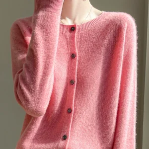 Women 100% Merino Wool Cardigan Soft O-Neck Cashmere Sweater OL Buttoned Knitwear Casual Top Clothing Korean Style