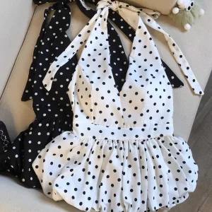 Backless Sexy Halter Beach Babydoll Crop Tops Women Polka Dots V neck Sleeveless T shirt Ruffles Basic Tees Not-Padded Pad