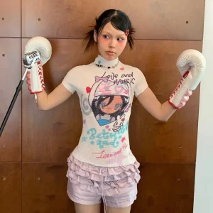 Karrram Japanese Y2k Anime Print T-shirt 2000s Aesthetics Kawaii Crop Top Vintage Harajuku Cutecore Short Sleeve T Shirts Lolita