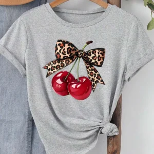 Fashion Cherry Print Women T-Shirt Short Sleeve Crew Neck Casual Tops for Summer Spring Women's Clothing Tops Tees