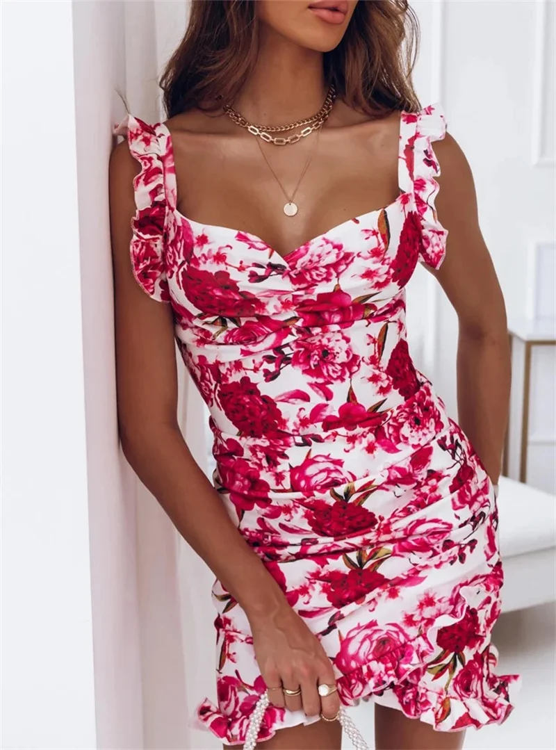 Sexy Dresses for Women Date Night - V-Neck Sleeveless Ruffle Floral Printed Sundress Casual Bodycon Dress - الصورة 2