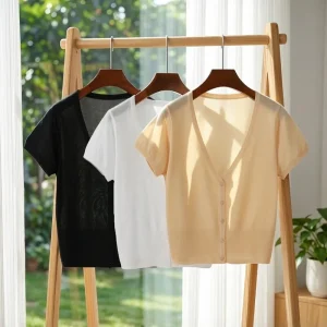 Outerwear Jerseys Summer Cardigan Women Cropped Blouses Korean Fashion Style Cute V-neck Women's Coat Black Bolero Woman Basic