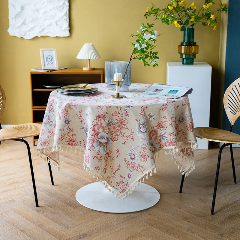 Green Leaves Print Round Tablecloth Cotton Linen Boho Table Cloth with Tassels for Kitchen Restaurant Christmas Party Decoration - الصورة 10