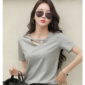 Sexy V-neck Solid Design Short Sleeve Tops Korean Casual Trendy Top Women New 2024 Summer Popular T Shirt for Women