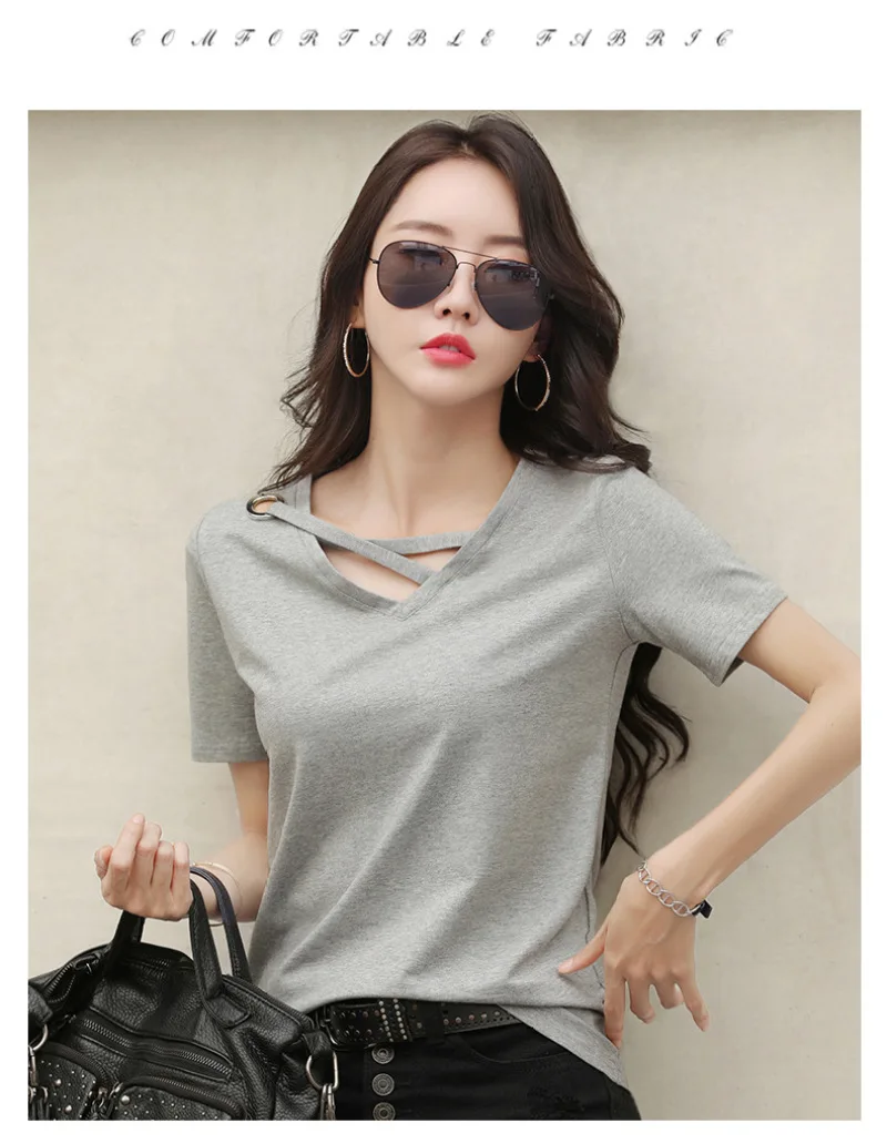Sexy V-neck Solid Design Short Sleeve Tops Korean Casual Trendy Top Women New 2024 Summer Popular T Shirt for Women - الصورة 2
