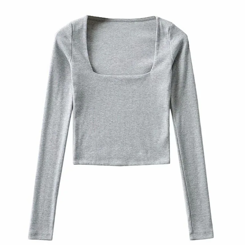 Women Ribbed Square Neck Crop Top With Long Sleeve - Image 7