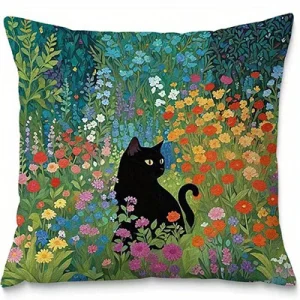 Home Decor Black Cats in Floral and Scenic Scenes Pattern Cushion Cover Suitable for Sofa Bedroom Car Pillow Cover