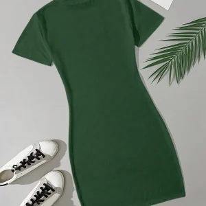 Summer women's fashion simple green solid color casual slim fit short sleeve round neck short mini dress 2024 New