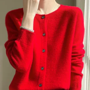 Women's Sweater Cardigans 100% Merino Wool Knitwear Raglan Sleeve Cashmere O-neck Solid Autumn Winter Casual Comfortable Tops
