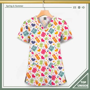 Surgical Uniform Printing Holiday Beautiful Shirt V-neck Style Pocket Design Blouse Surgical Top Woman Men Nurse Medical Uniform