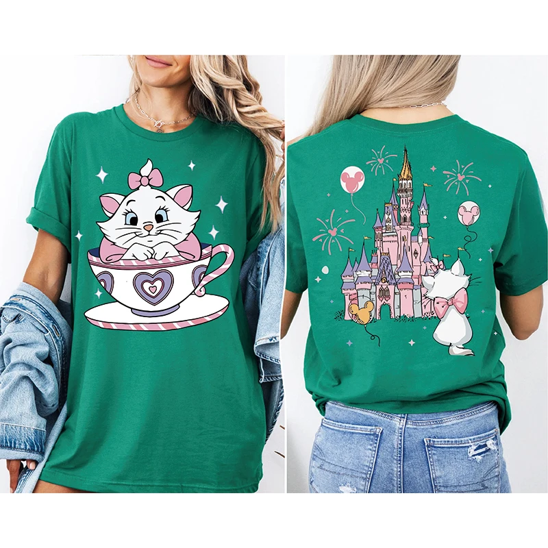 2025 Summer New The Aristocats Cartoon Anime Printed T-shirt Women's Fashion Casual T-shirt Mary Cat Crazy Teacup Party Shirt - الصورة 8
