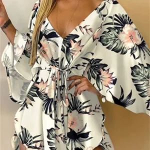 Women Print Dress Sexy V-Neck Bat Sleeve Ruffl Flowers Print Bohemian Beach Sundress Ladies Loose Summer Vacation Mini Dresses