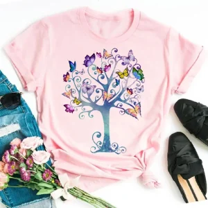 New Fashion Women T-shirt Colorful Butterfly Petal Print Short Sleeve and Round Neck Cute Graphic Tee Shirts Female Tops Clothin