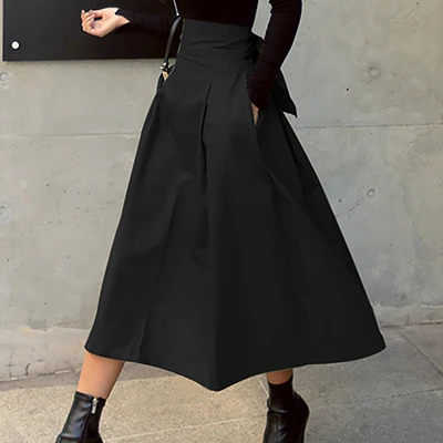 Skirts Womens Korean Fashion Solid Color Big Swing Ladies Skirt Long Skirt 2025 Autumn Wild High Waist Bow Slim Skirts - Image 7