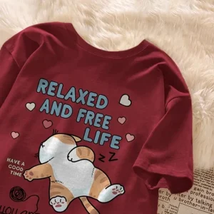 Cute Cartoon Lazy Cat Letter Print Summer Couple Short Sleeved T-shirt Loose Casual Women's Top
