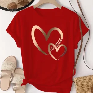 Summer New Fashion Women's Heart Printed T-shirt Trendy Casual Round Neck Top Short Sleeves Women T-shirt Women Clothing