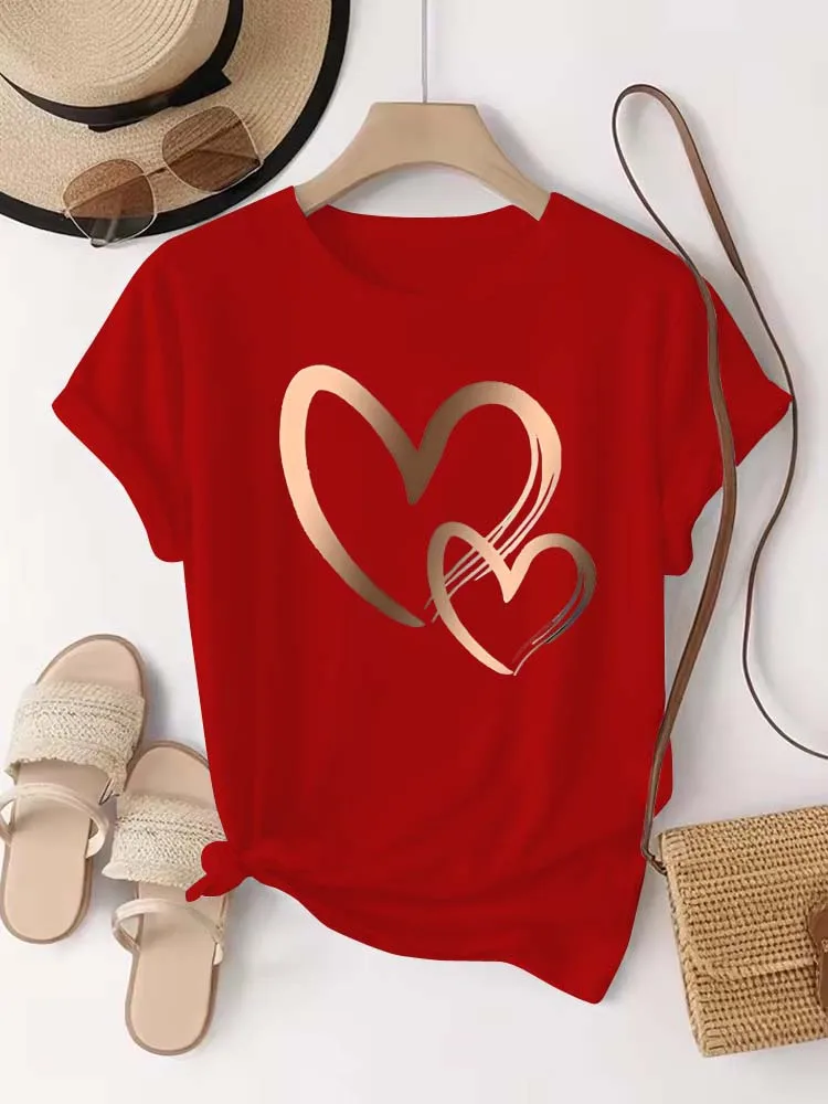 Summer New Fashion Women's Heart Printed T-shirt Trendy Casual Round Neck Top Short Sleeves Women T-shirt Women Clothing - الصورة 5