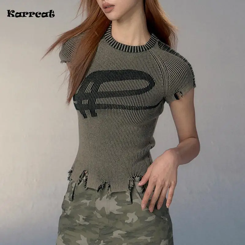 Karrcat Grunge Aesthetics Knitted Top Vintage Distressed T-shirt Punk Broken Crop Top Harajuku Slim Ribbed Tshirt Y2k Streetwear - Image 7