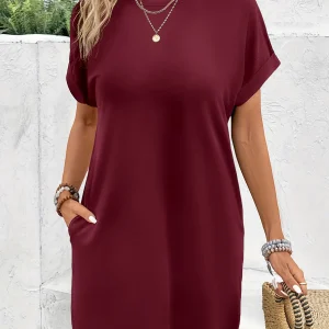 Loose Fit T-Shirt Dress with Pockets, Soft Breathable Summer Mini Dress, Casual Short Sleeve A-Line Sun Dress for Women