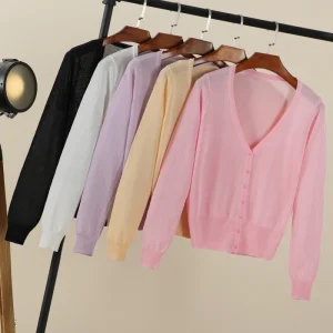 Summer Cardigan Women Cropped Korean Fashion Style Female Black Women's Coat Clothing V-neck Ladies Sweater Outerwear Cute Basic