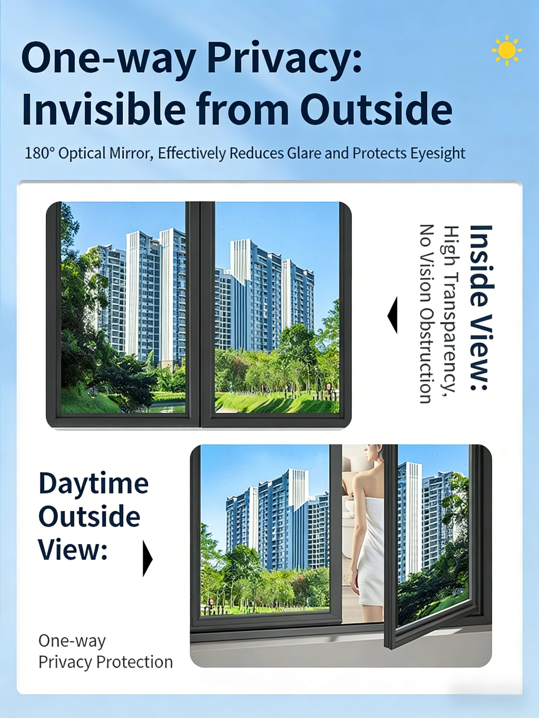 One Way Mirror Window Film, Daytime Privacy See Out Not In, Static Cling Sun Control Tint for Home and Office Windows - الصورة 2