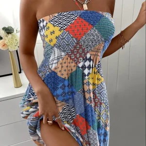 Floral Print Halter Neck Dress, Vacation Style Shirred Bust Dress For Spring & Summer, Women's Clothing