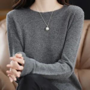 Fashion 100% Merino Wool Sweater Elegant Cashmere Pullover Women O-Neck Long Sleeve Knitwear Basic Clothing Jumper Tops