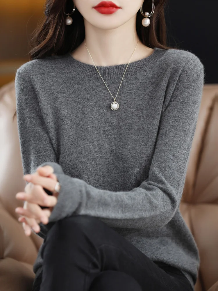 Fashion 100% Merino Wool Sweater Elegant Cashmere Pullover Women O-Neck Long Sleeve Knitwear Basic Clothing Jumper Tops - Image 4
