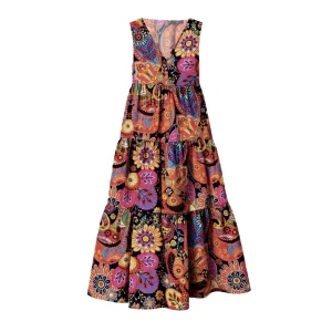 2026 Spring/Summer European & American Women's New Arrival Retro Printed Dress, V-Neck Slimming A-Line Dress for Casual